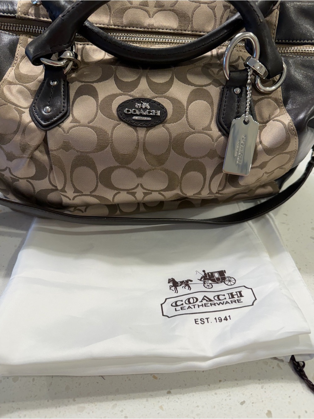 Coach Khaki Signature Jacquard Satchel with Black Leather Trim - Picture 12 of 12
